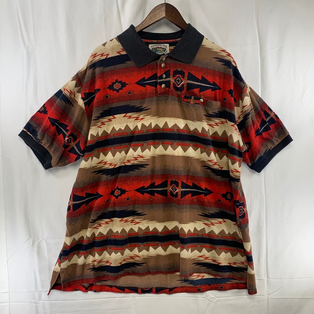Cumberland Outfitters Polo Shirt Men XL fit 2XL Red Brown Southwestern Geometric